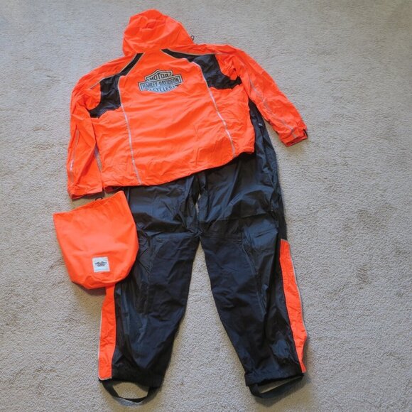 Harley-Davidson Hi-Vis Rain Suit Women's 2XL Reflective Orange Black Carry Pouch - Picture 3 of 8